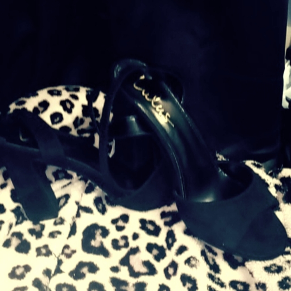 Black strappy wrap block heels